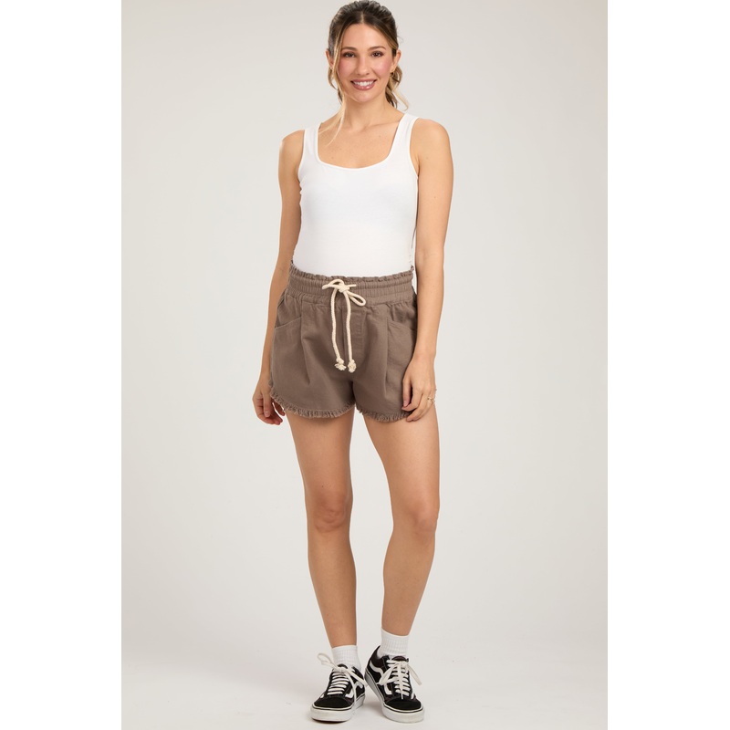 Taupe Fringe Hem Maternity Drawstring Shorts