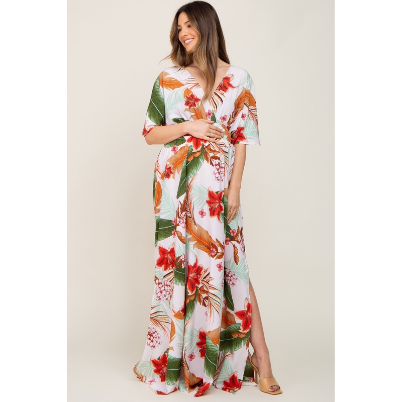 White Floral Smocked Waist Maternity Maxi Dress