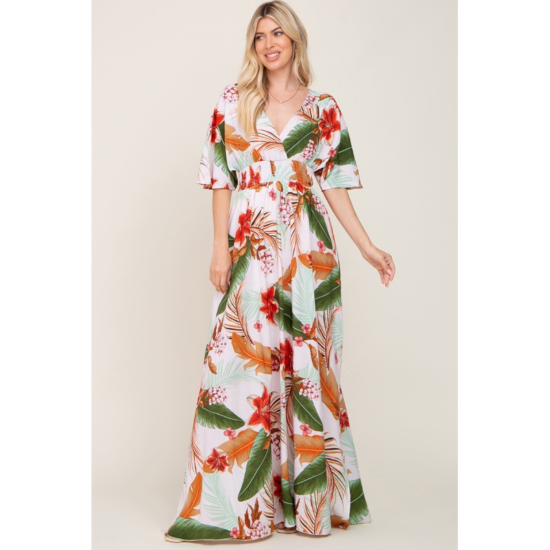 White Floral Smocked Waist Maxi Dress