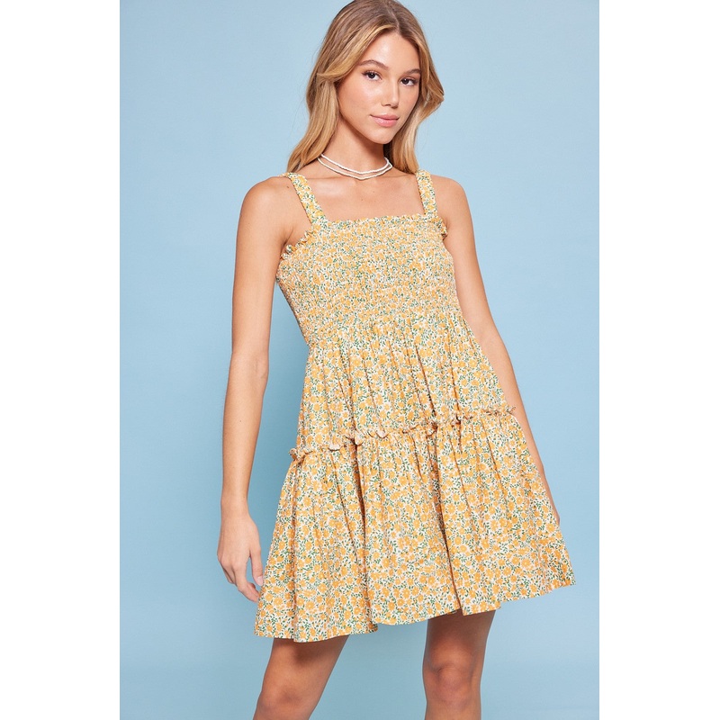 White Orange Floral Print Smock Ruffle Mini Babydoll Dress