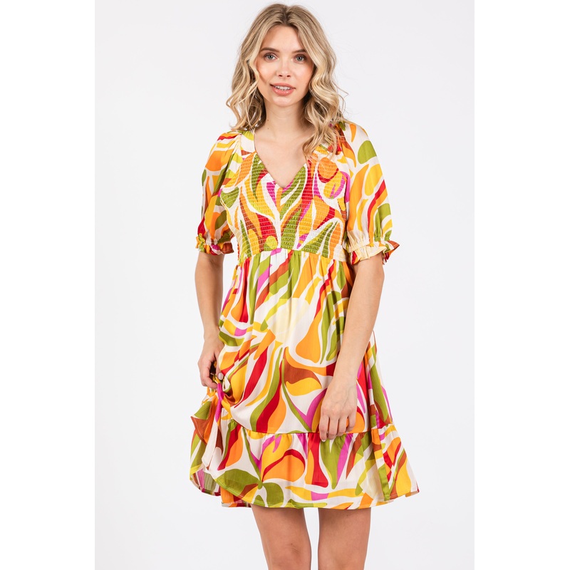 Yellow Abstract Print Smocked Dress