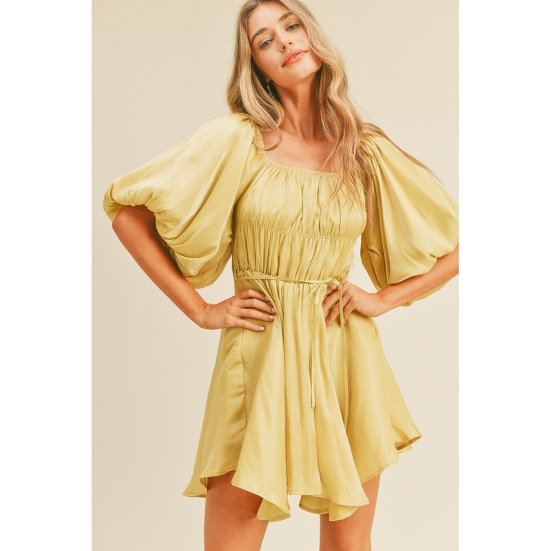 Yellow Metallic Bubble Sleeve Flared Mini Dress