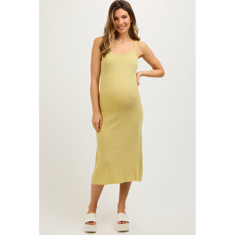 Yellow Square Neck Ribbed Sleeveless Maternity Midi Dress