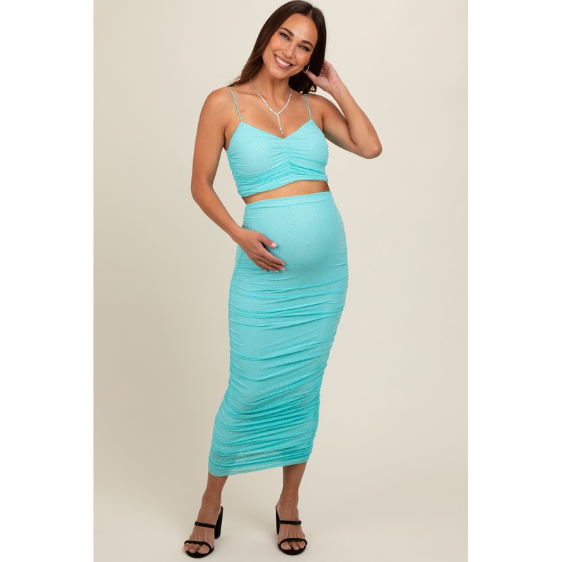 Aqua Rhinestone Crop Top and Skirt Maternity Set
