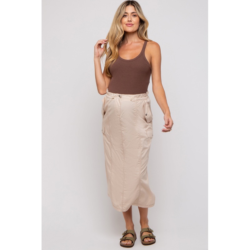 Beige Cargo Cinched Maternity Midi Skirt