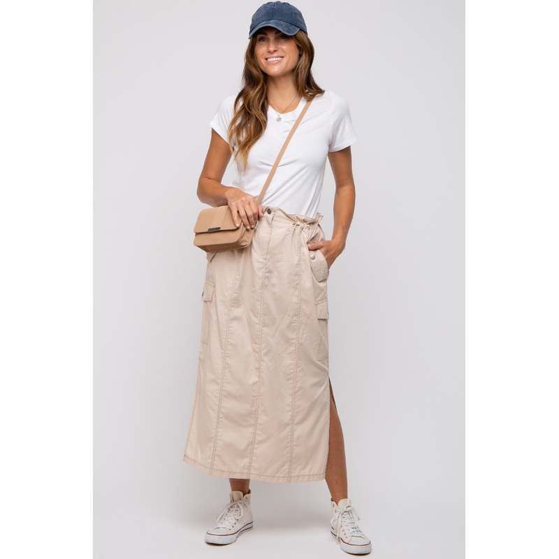 Beige Cargo Cinched Midi Skirt
