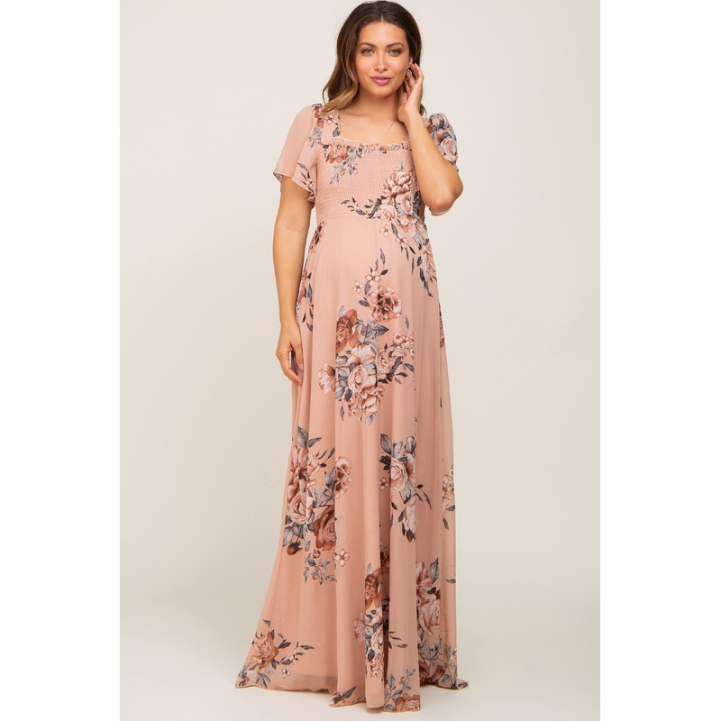 Beige Floral Chiffon Square Neck Smocked Short Sleeve Maternity Maxi Dress
