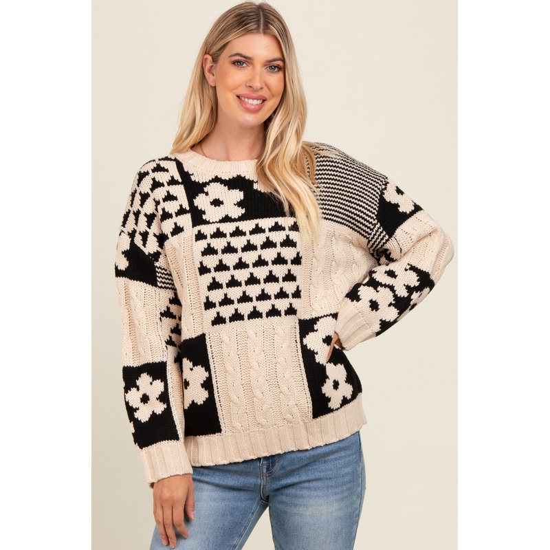 Beige Floral Mixed Print Cable Knit Sweater