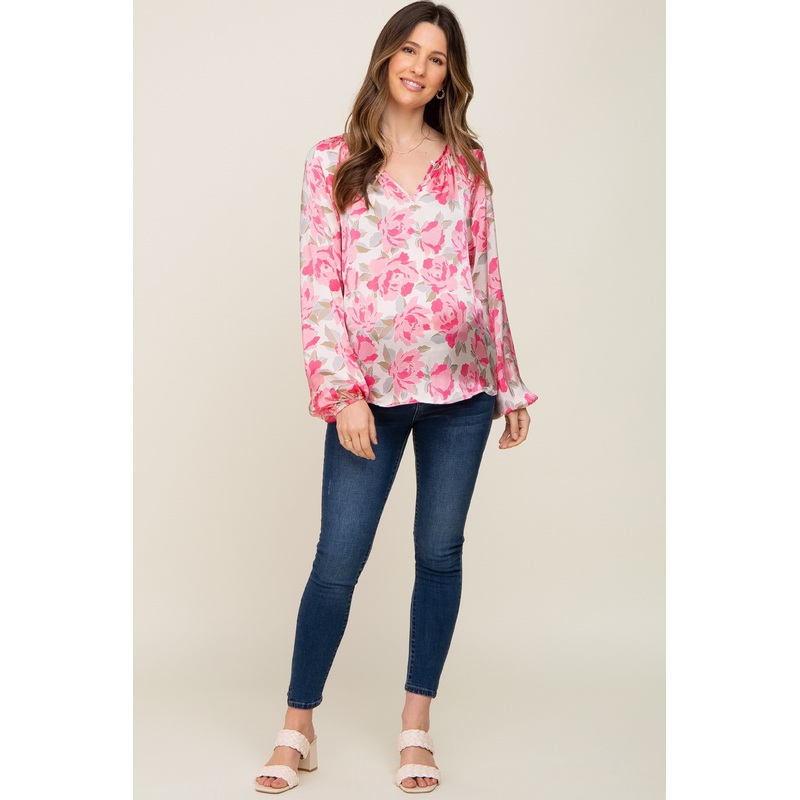 Beige Floral Satin Long Sleeve Maternity Top