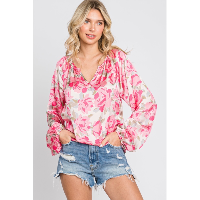 Beige Floral Satin Long Sleeve Top