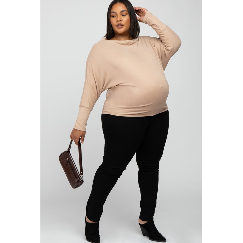 Beige Soft Knit Off Shoulder Maternity Plus Top