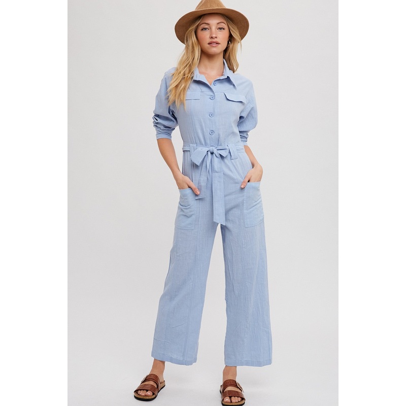 Chambray Button Down Tie-Waist Shirt Jumpsuit