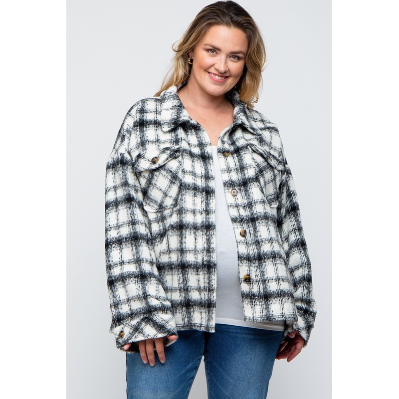 Ivory Plaid Maternity Plus Shirt Jacket