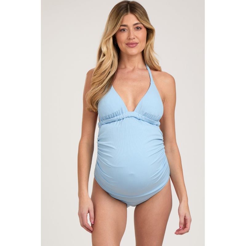 Light Blue Ribbed Low Back Halter One-Piece Maternity Swimsuit