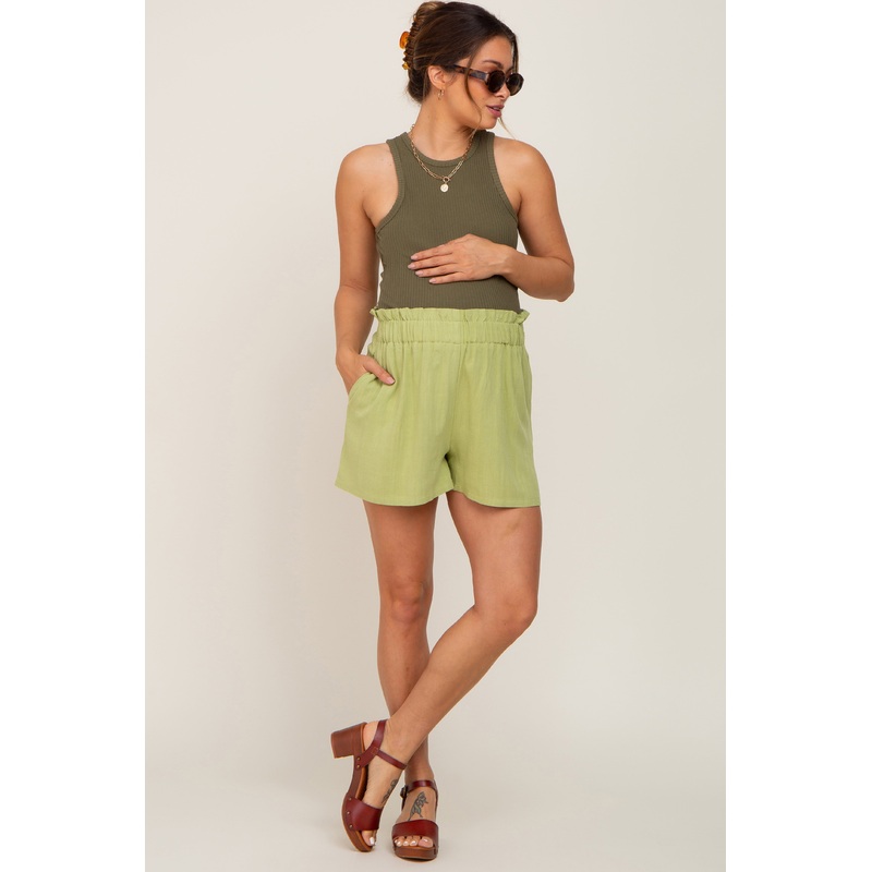 Light Olive Linen Ruffled Maternity Shorts