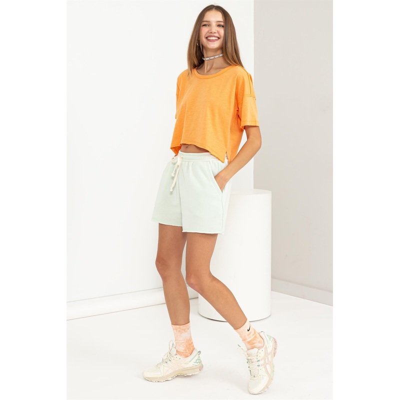 Mint Green Vintage Wash Drawstring Shorts