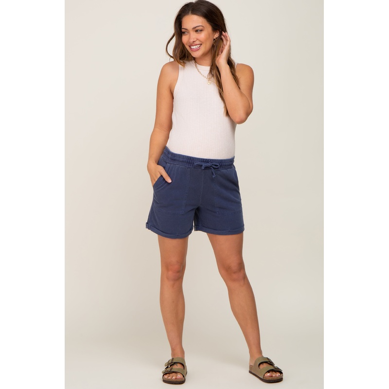 Navy Washed Cuffed Pocketed Maternity Shorts