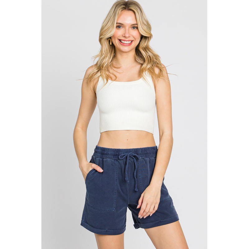Navy Washed Cuffed Pocketed Shorts
