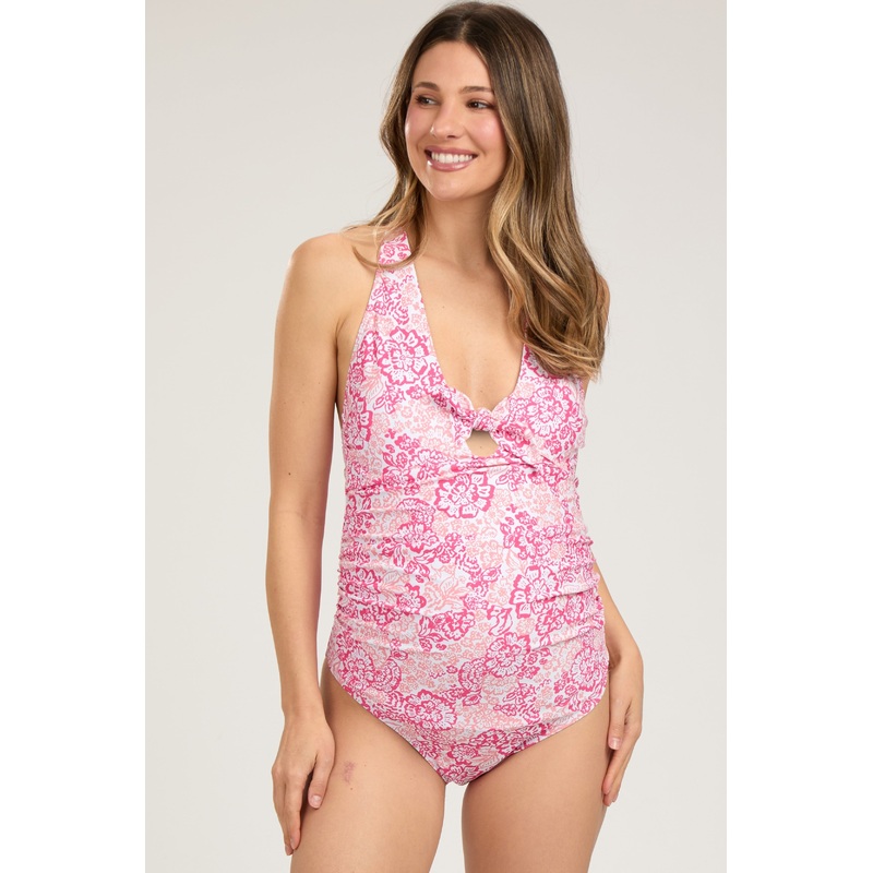Pink Floral Tie Front V-Neck Criss Cross Back One-Piece Maternity Swimsuit