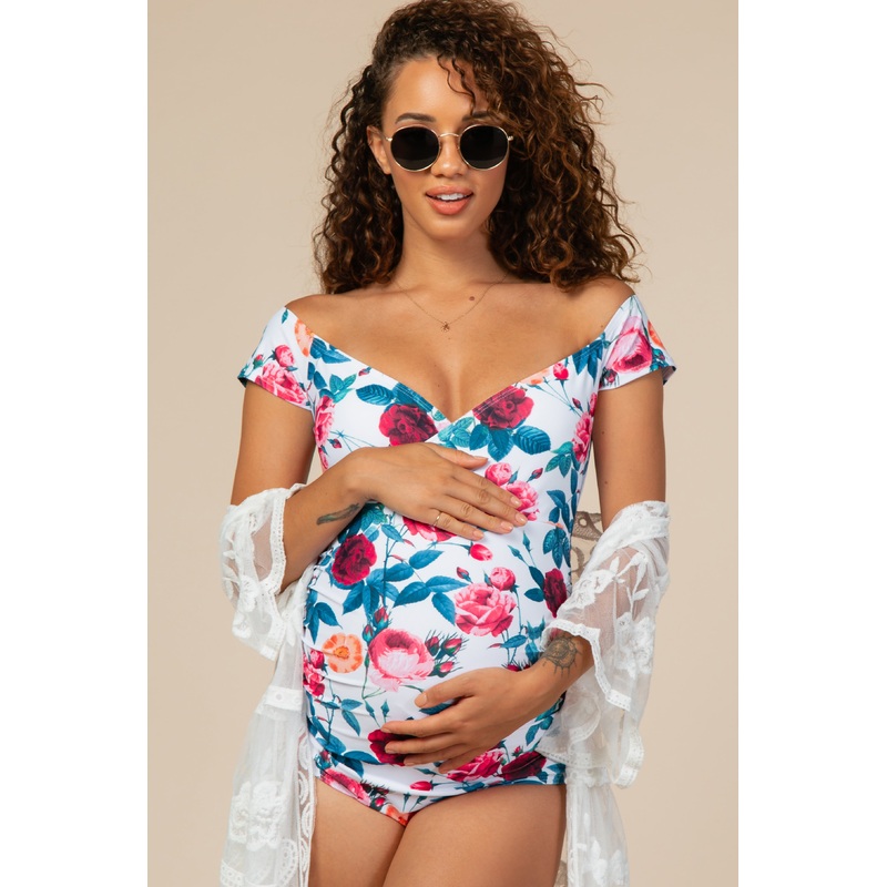 PinkBlush Ivory Floral Off Shoulder Maternity One-Piece Swimsuit