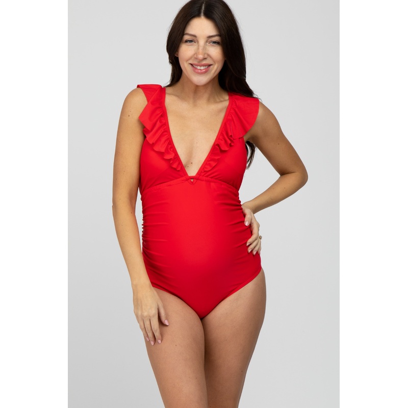 Red Ruffle Tie Maternity One-Piece Swimsuit