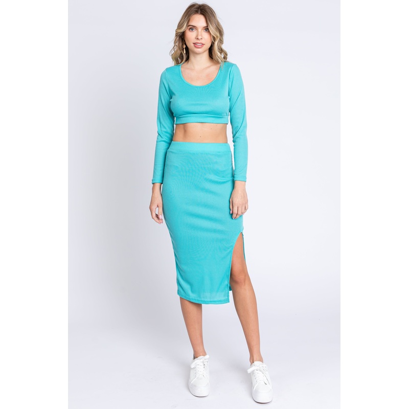 Turquoise Ribbed Long Sleeve Crop Top Skirt Set