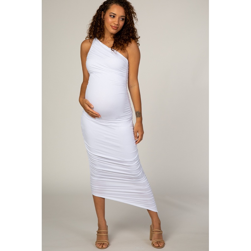 White Ruched One Shoulder Maternity Dress
