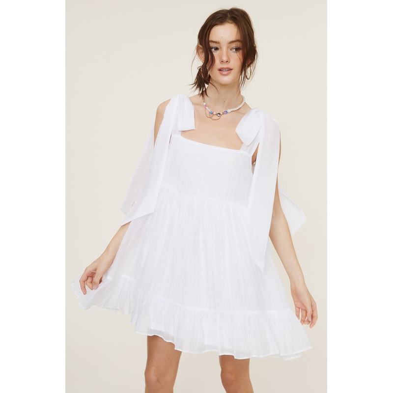 White Shoulder Tie Dress