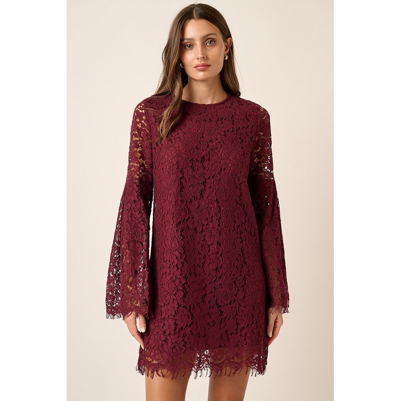 Wine Eyelet Edge Lace Bell Sleeve Woven Dress