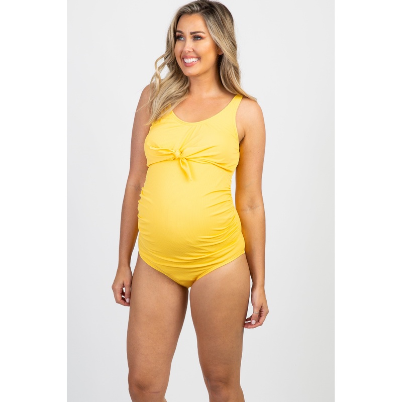 Yellow Ribbed Front Knot One-Piece Maternity Swimsuit