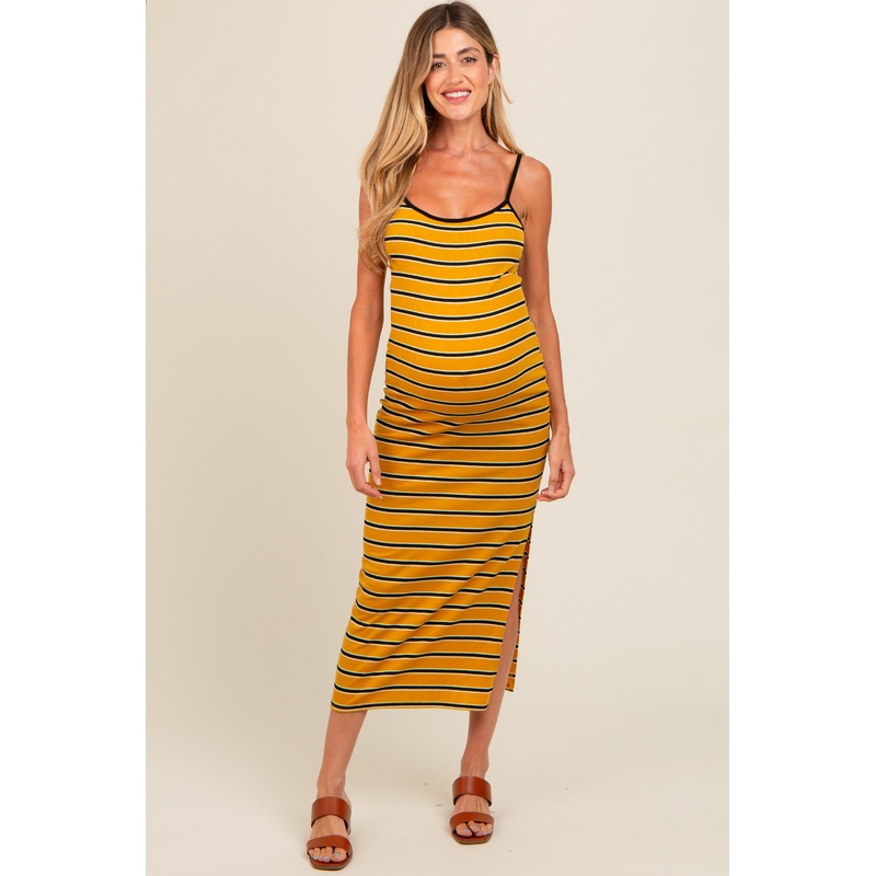 Yellow Striped Ribbed Side Slit Maternity Midi Dress