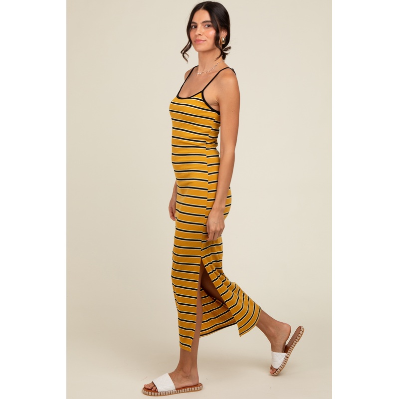Yellow Striped Ribbed Side Slit Midi Dress