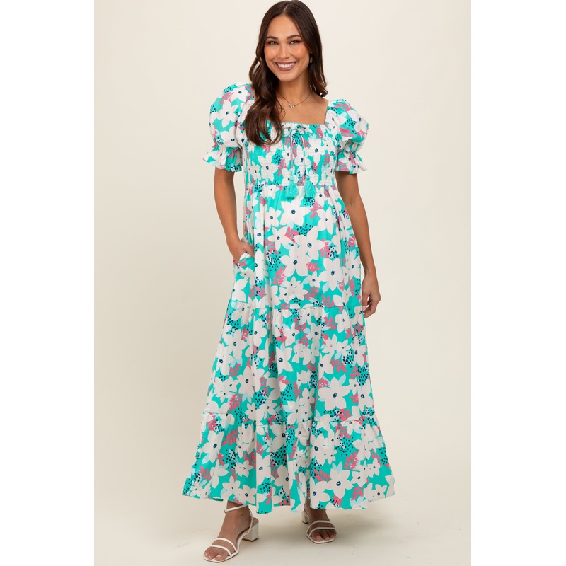 Aqua Floral Puff Sleeve Maternity Maxi Dress