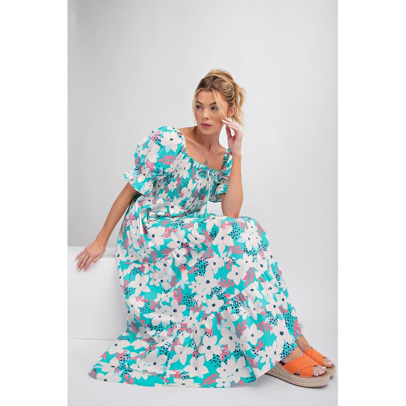 Aqua Floral Puff Sleeve Maxi Dress