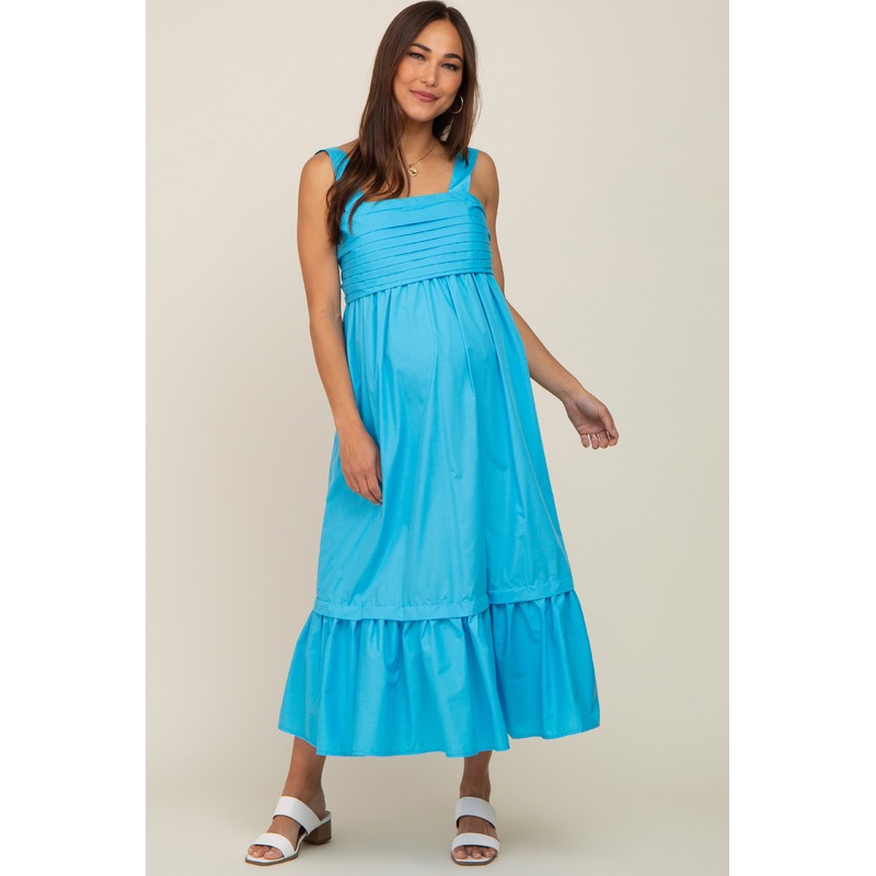 Aqua Pleated Back Tie Maternity Midi Dress