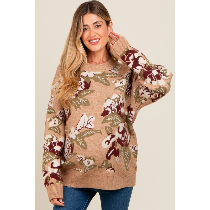 Beige Floral Print Crew Neck Maternity Sweater