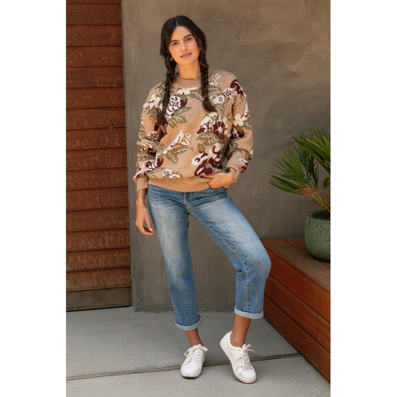 Beige Floral Print Crew Neck Sweater