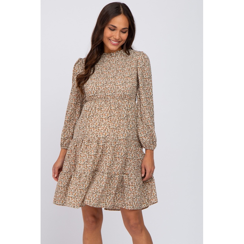 Beige Floral Shirred Mock Neck Maternity Dress