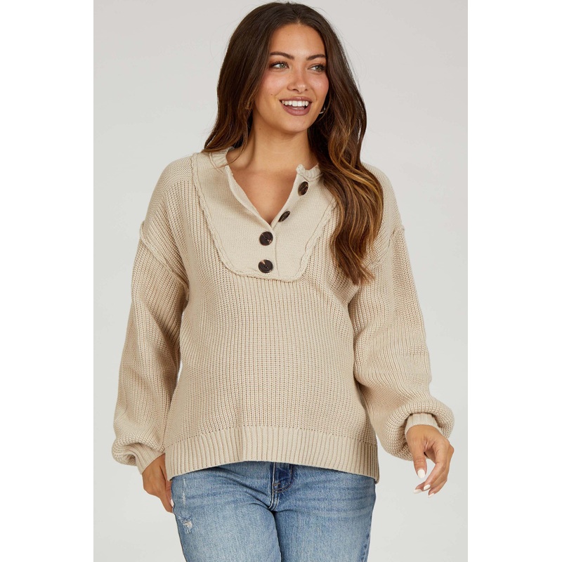 Beige Front Button Knit Maternity Sweater