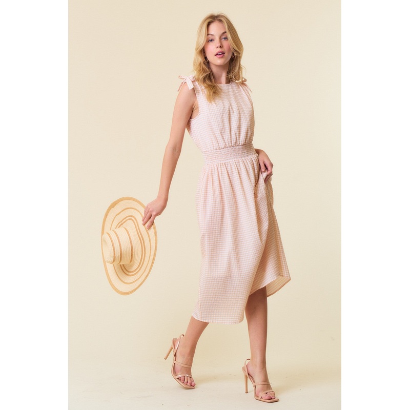Beige Gingham Plaid Ruched Shoulder Midi Dress