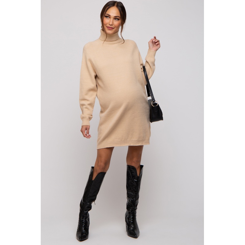Beige Knit Long Sleeve Turtleneck Maternity Sweater Dress