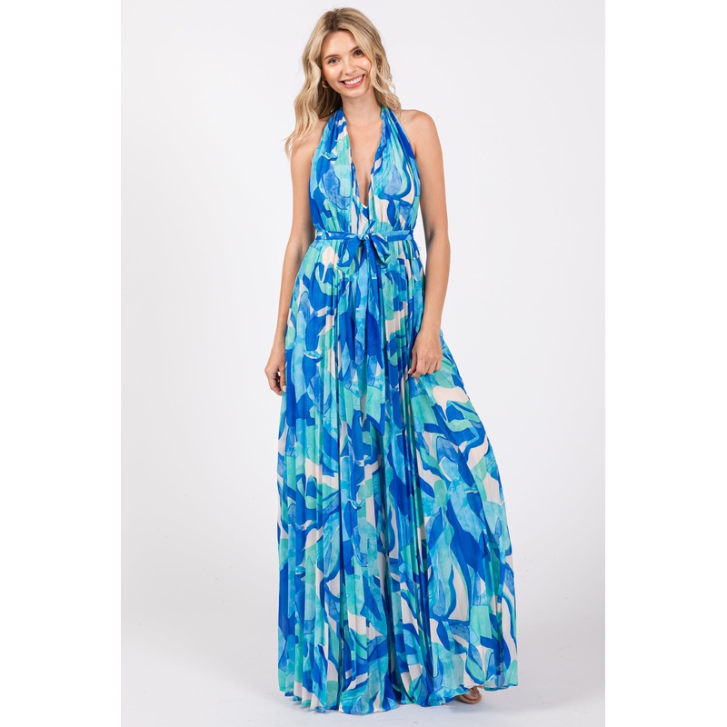 Blue Printed Halter Neck Wide Leg Jumpsuit