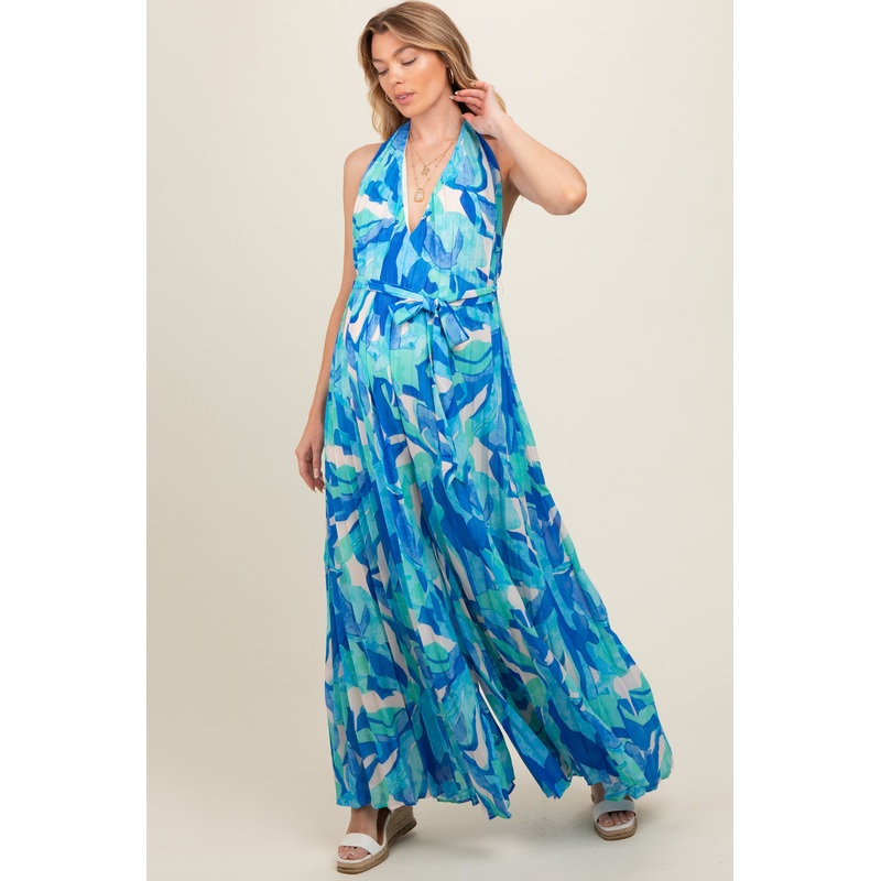 Blue Printed Halter Neck Wide Leg Maternity Jumpsuit