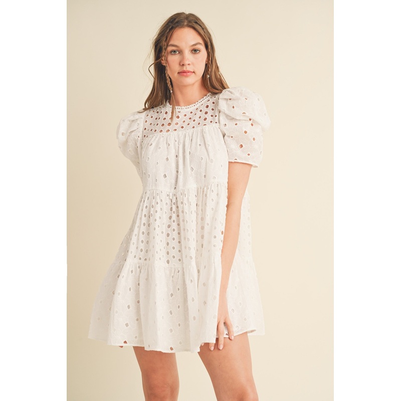 White Floral Eyelet Puff Sleeve Mini Dress