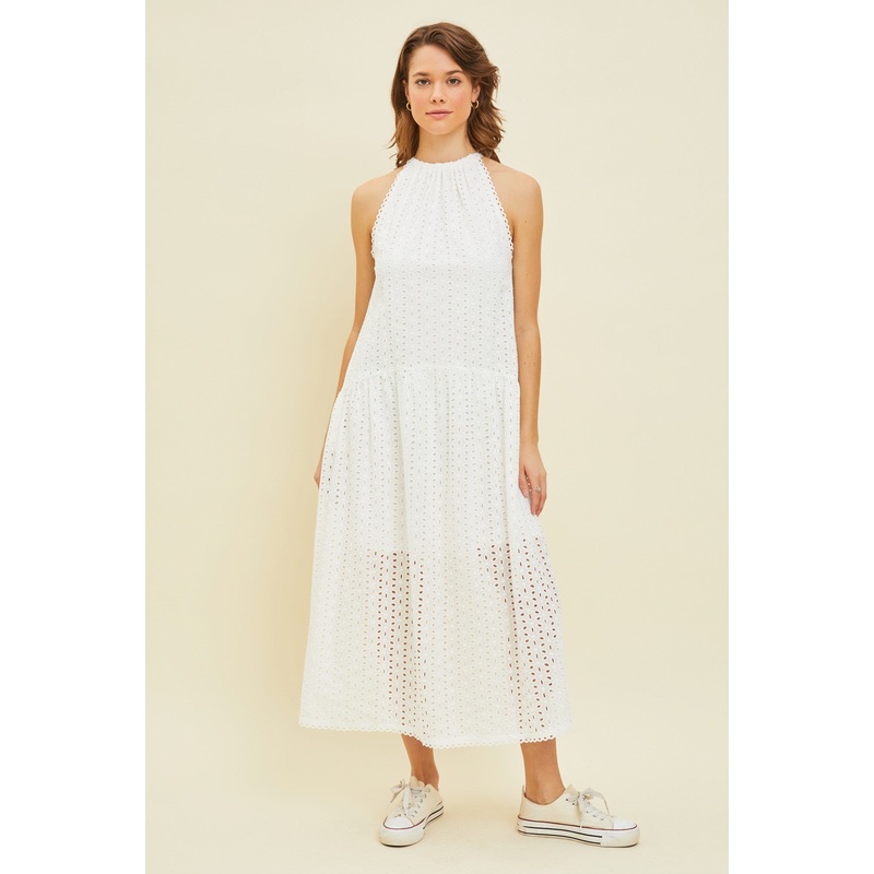White Sleeveless Drop Waist Eyelet Dress