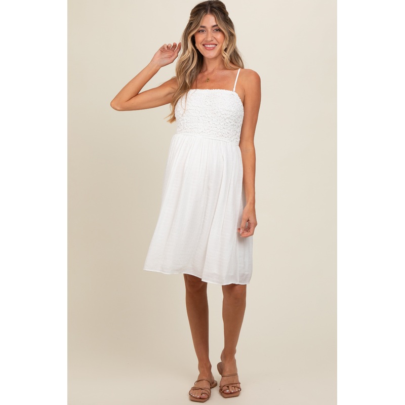 White Textured Smocked Maternity Dress