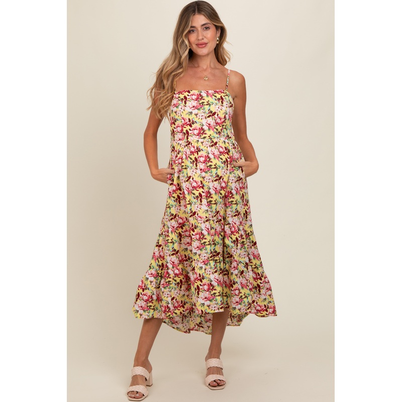 Yellow Floral Tiered Hi-Low Maternity Midi Dress