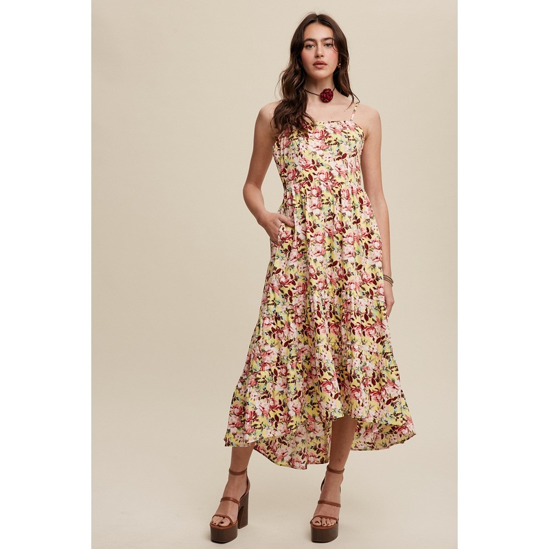 Yellow Floral Tiered Hi-Low Midi Dress