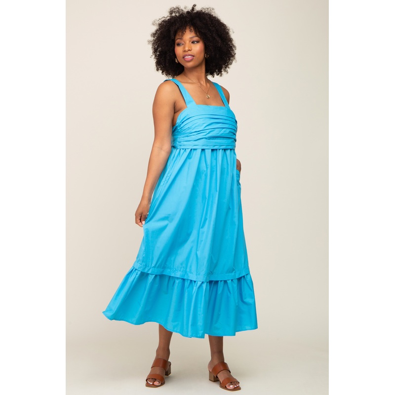 Aqua Pleated Back Tie Midi Dress