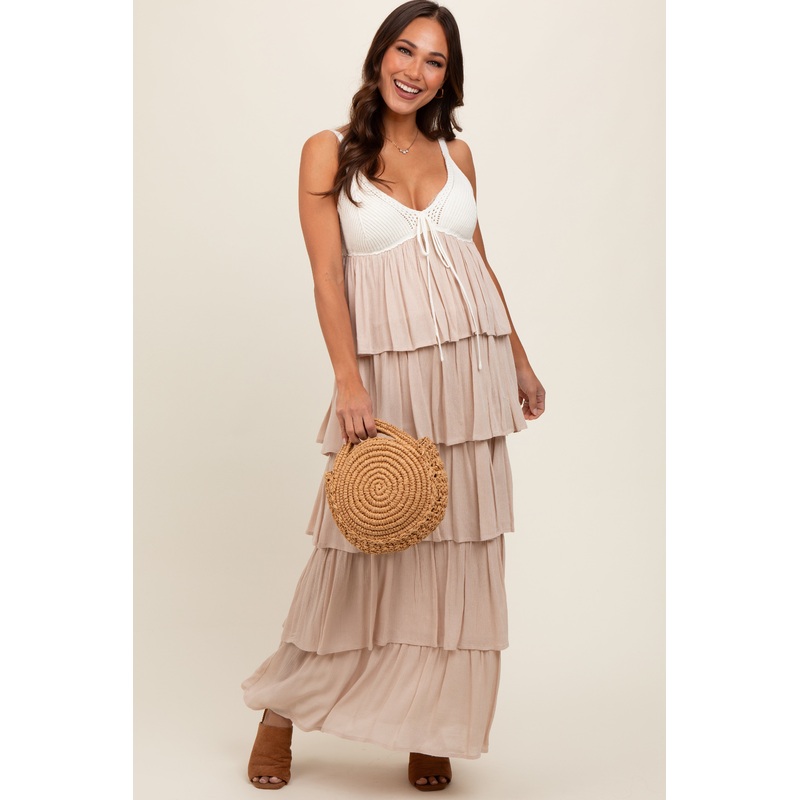Beige Colorblock Crochet Tiered Maternity Maxi Dress
